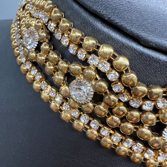 Clear Rhinestone Crystal Beaded Collar Choker Necklace Gold Tone Evening - Picture 4 of 7